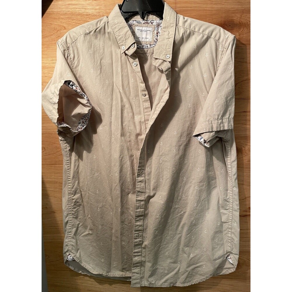 Denim And Flowers Shirt Mans Size L Beige Floral Short Sleeve